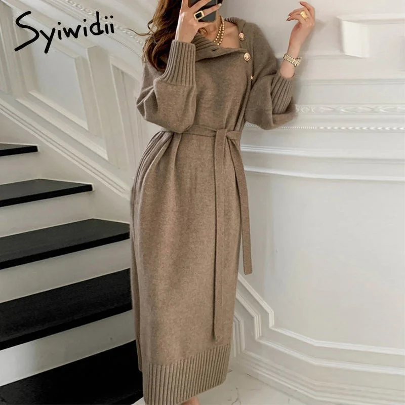 Don’t Miss Out Syiwidii Knitting Dress for Woman Fall New Vintage Turtleneck Button Up Long Sleeve Casual Sweater Midi Dresses with Belt Don’t Miss Out Syiwidii Knitting Dress for Woman Fall New Vintage Turtleneck Button Up Long Sleeve Casual Sweater Midi Dresses with Belt