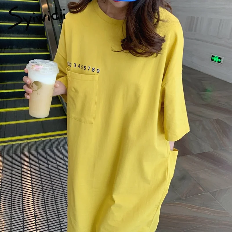 Exclusive Access Syiwidii Loose T Shirt Dress Women Summer New White Yellow Black Cotton Straight O-Neck Oversized Letter Print Midi Dresses Exclusive Access Syiwidii Loose T Shirt Dress Women Summer New White Yellow Black Cotton Straight O-Neck Oversized Letter Print Midi Dresses
