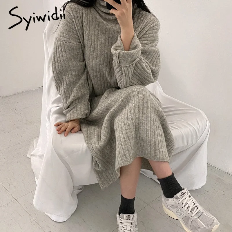 Limited Quantity Syiwidii Ribbed Knitted Midi Dresses Women Autumn Winter New Pullovers Long Sleeve A Line Korean Turtleneck Sweater Dress Limited Quantity Syiwidii Ribbed Knitted Midi Dresses Women Autumn Winter New Pullovers Long Sleeve A Line Korean Turtleneck Sweater Dress