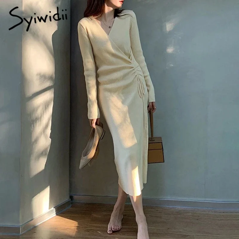 Steals and Deals Syiwidii Shirring Bodycon Dress for Women Clothing Midi Vintage Bandage V-Neck A-LINE Sweater Female Slim Elegant Dress Knitting Steals and Deals Syiwidii Shirring Bodycon Dress for Women Clothing Midi Vintage Bandage V-Neck A-LINE Sweater Female Slim Elegant Dress Knitting