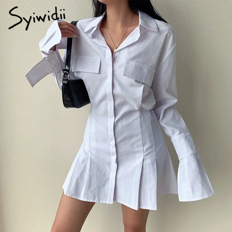 Don't Wait Syiwidii White Shirts Dress for Women Pleated Turn-down Collar Spring Summer Vintage Mini Flare Long Sleeve Black Dresses Don't Wait Syiwidii White Shirts Dress for Women Pleated Turn-down Collar Spring Summer Vintage Mini Flare Long Sleeve Black Dresses