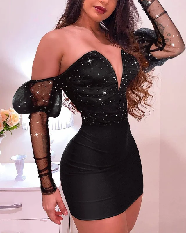 Reduced Prices Women Bodycon Dress Sexy Off Shoulder V neck Night Club Mini Dress Glitter Mesh Splicing Party Dress Reduced Prices Women Bodycon Dress Sexy Off Shoulder V neck Night Club Mini Dress Glitter Mesh Splicing Party Dress