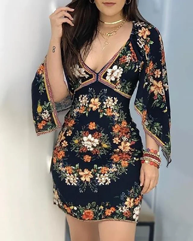 Hurry In Awakecrm Women Sexy Deep V Floral Print Long Sleeve Mini Dress Summer Fashion Bodycon Short Dress Hurry In Awakecrm Women Sexy Deep V Floral Print Long Sleeve Mini Dress Summer Fashion Bodycon Short Dress