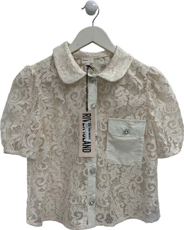 Price Cut River Island White Lace Puff Sleeve Shirt UK 8