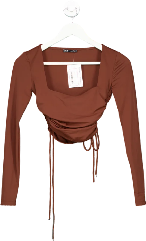 Price Fest Zara Brown Long Sleeve Ruched Top UK S