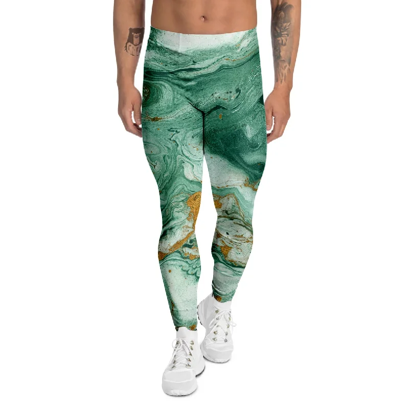 Warehouse Sale Golden And Green Marble Textue Print Men's Leggings