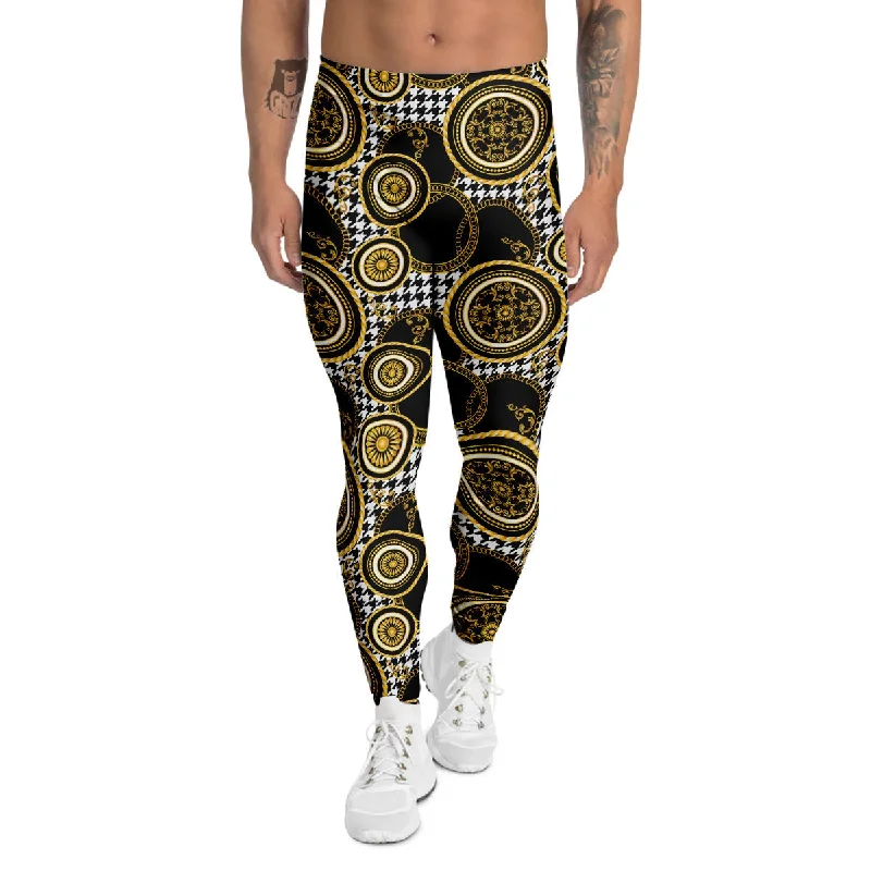 Sneak Peek Sale Golden Baroque And Black Houndstooth Print Pattern Men's Leggings