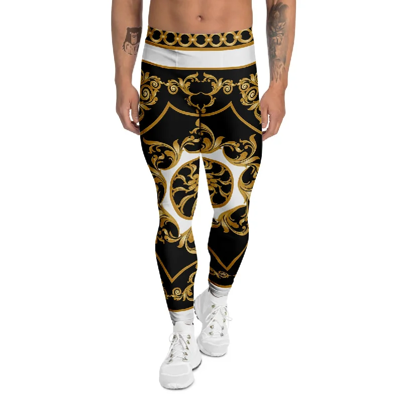 Referral Discount Golden Floral Baroque Black White Print Men's Leggings