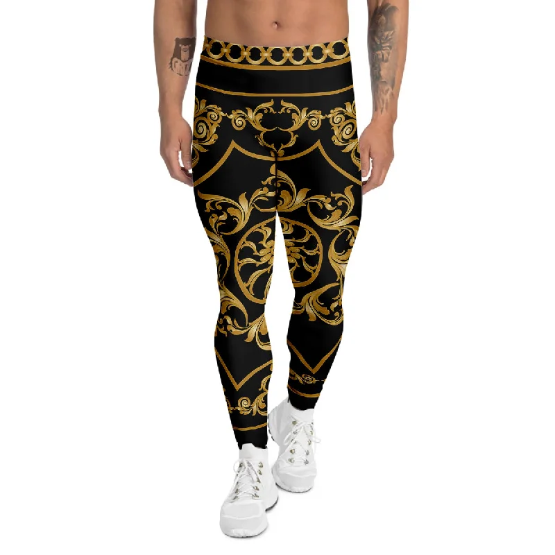 Grand Opening Sale Golden Floral Baroque Print Men's Leggings