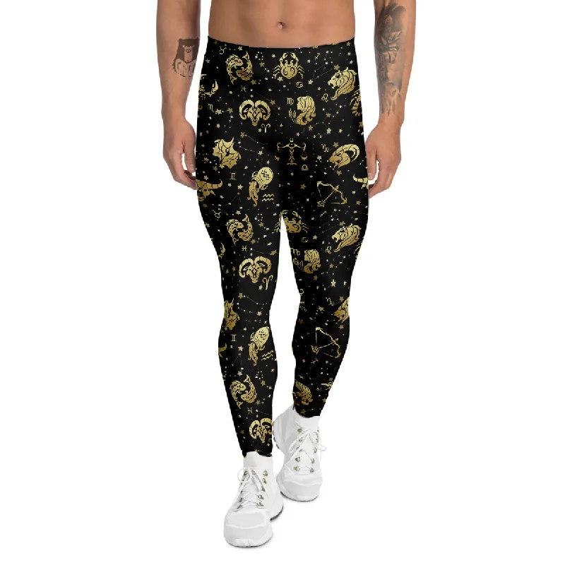 Midnight Sale Golden Horoscope Zodiac Signs Print Pattern Men's Leggings