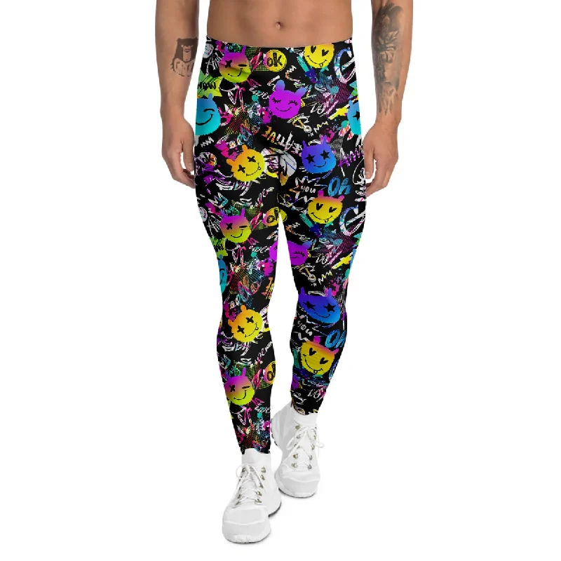Price Slash Graffiti Colorful Emoji Faces Print Pattern Men's Leggings