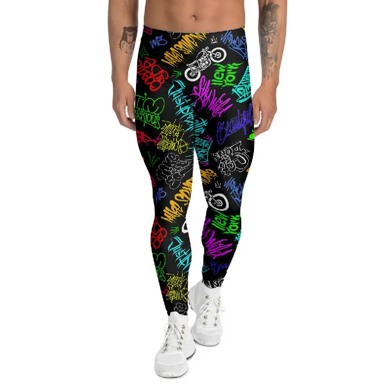 Doorbuster Deal Graffiti Text Colorful Urban Elements Print Pattern Men's Leggings