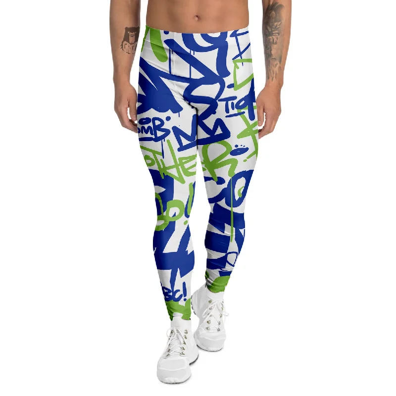 Limited Stock Green Blue Urban Graffiti Text Print Pattern Men's Leggings