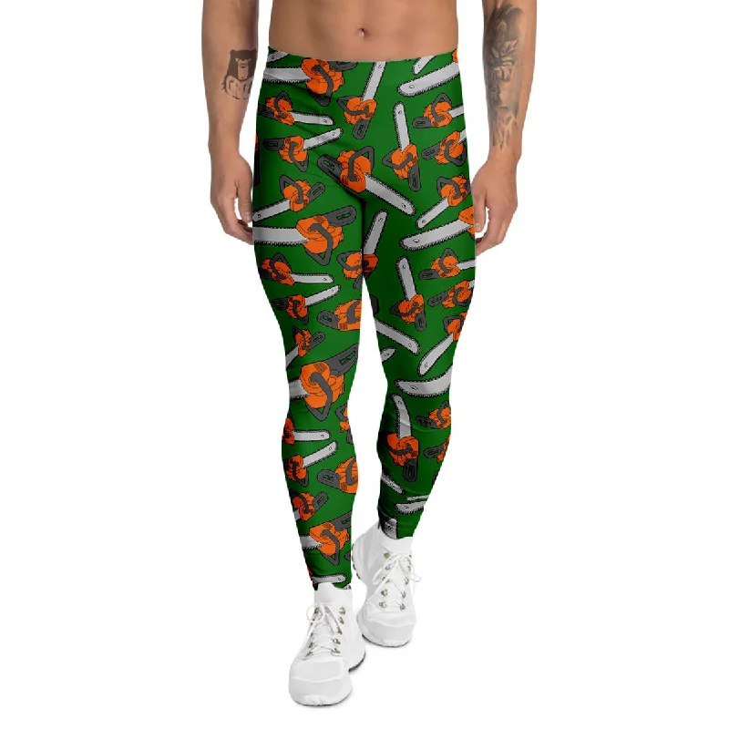 Year-End Clearance Green Chainsaw Print Pattern Men's Leggings