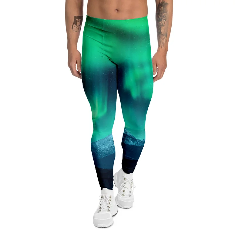 Super Deal Green Northern Lights And Snowy Mountains Print Men's Leggings