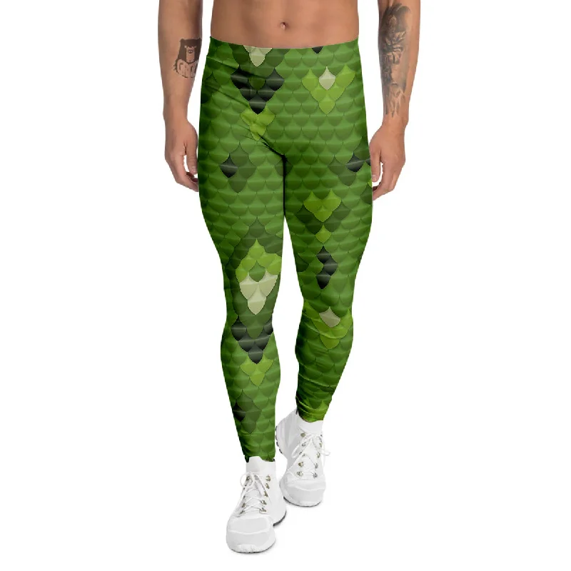 Shop and Save Green Snake Skin Cartoon Print Pattern Men's Leggings