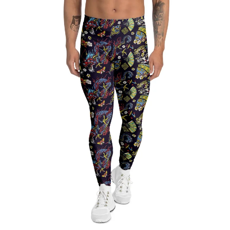 Closeout Sale Japanese Dragons And Cat Tattoo Print Pattern Men's Leggings