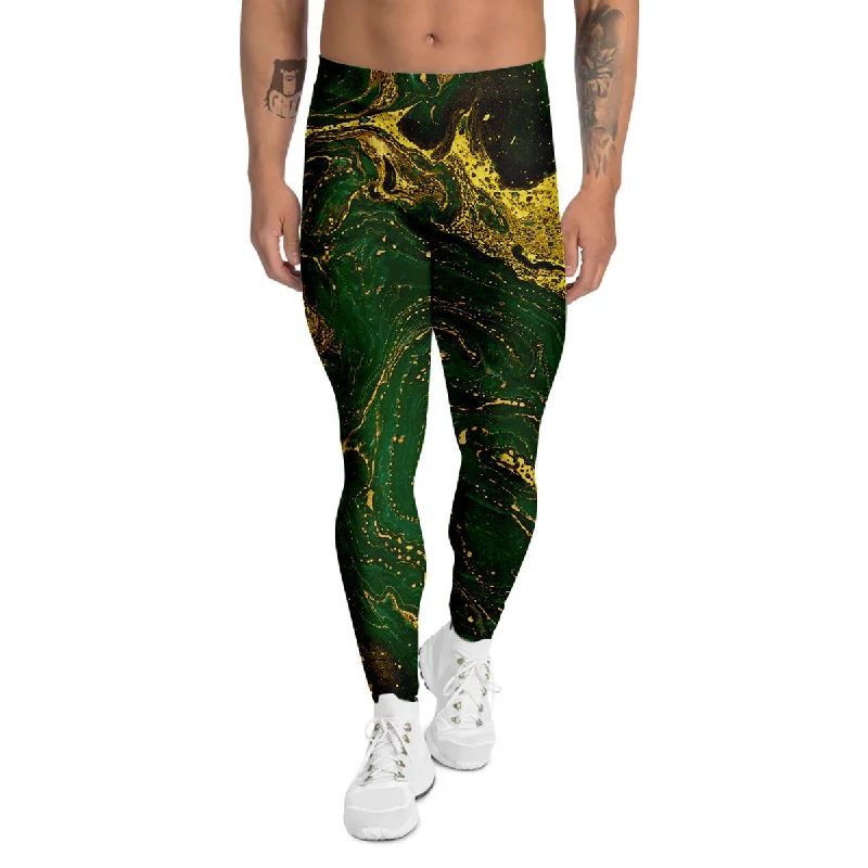 Special Discount Marble Abstract texture Gold And Dark Green Print Men's Leggings