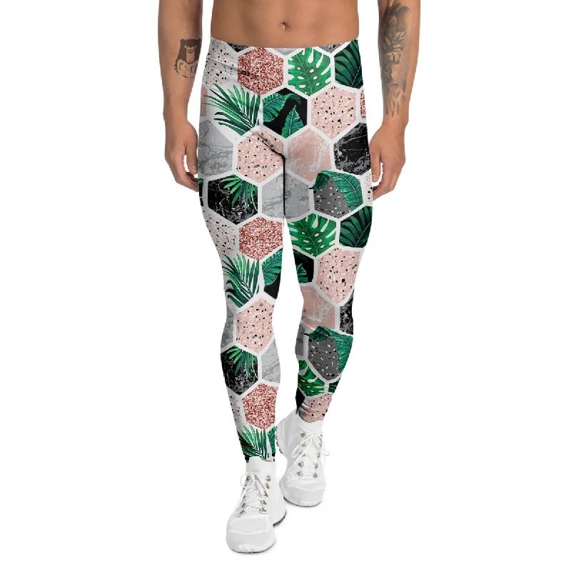 Price Rollback Marble Geometric And Tropical Leaves Print Men's Leggings