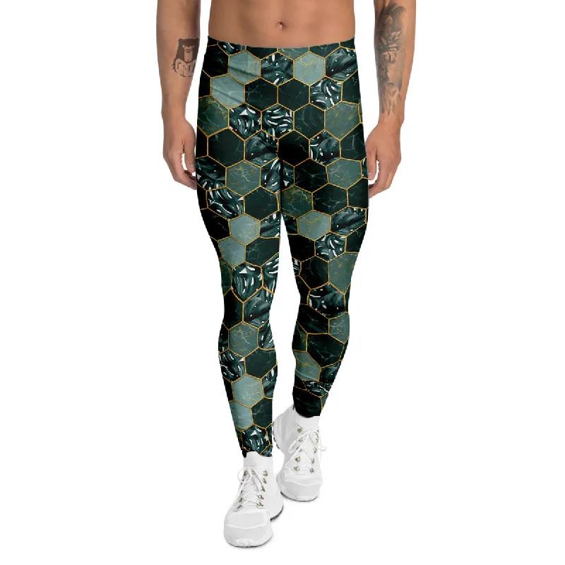 Midnight Madness Marble Hexagon Green Tropical Print Pattern Men's Leggings