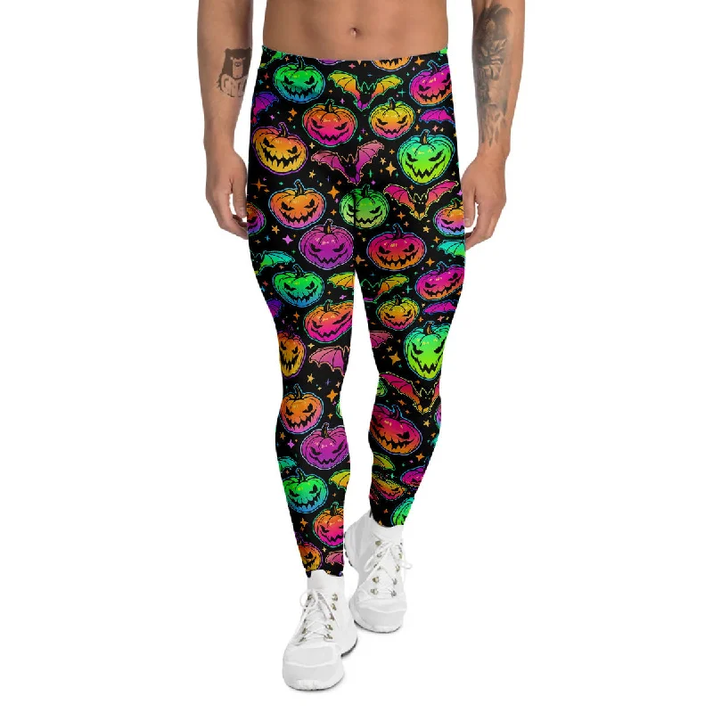 Act Fast Neon Pumpkins And Bat Halloween Print Pattern Men's Leggings