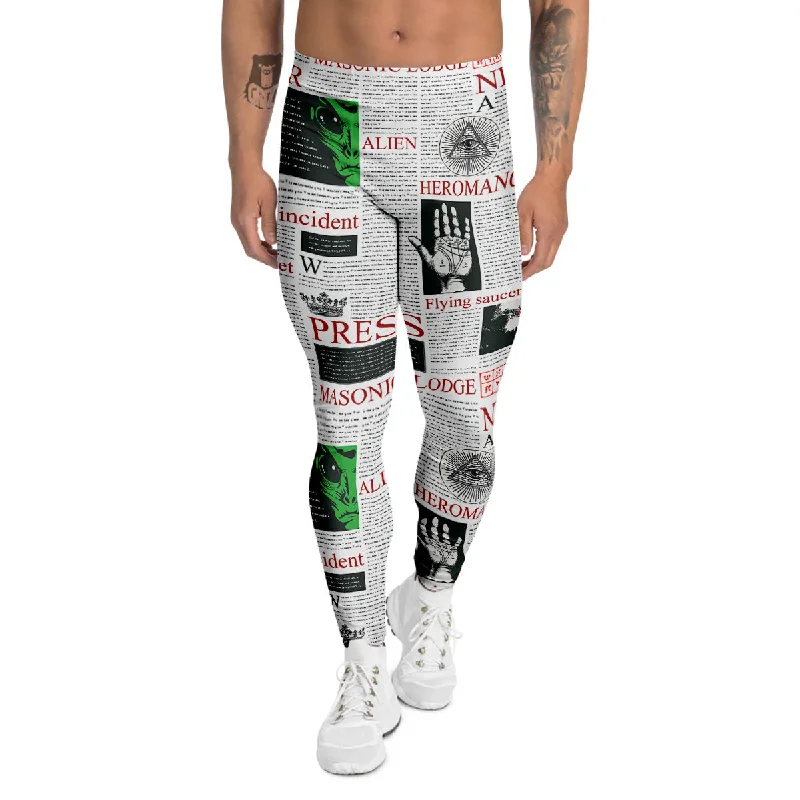 Savings Spectacular Newspaper Aliens Topic Print Pattern Men's Leggings