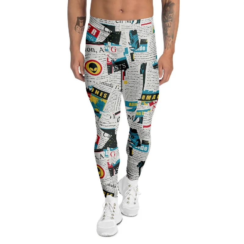 Discount Days Newspaper Clippings On Aliens Topic Colorful Print Pattern Men's Leggings
