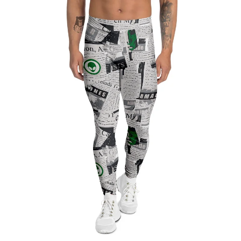 Super Sale Newspaper Clippings On Aliens Topic Print Pattern Men's Leggings