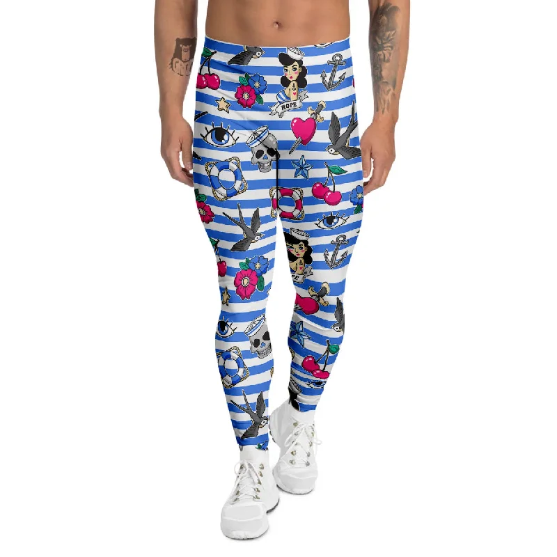 Sneak Peek Sale Old School Sailor Striped Print Pattern Men's Leggings