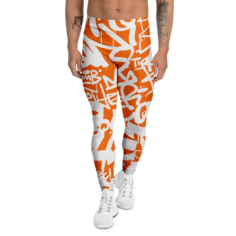 Online Exclusive Orange Urban Graffiti Text Print Pattern Men's Leggings