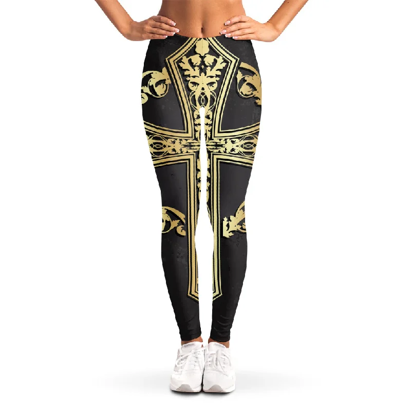 Clearance Event Ornamental Golden Cross Print Women's Leggings