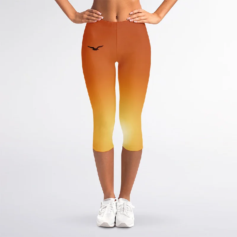 Discount Extravaganza Palm Tree Beach Sunset Print Women's Capri Leggings