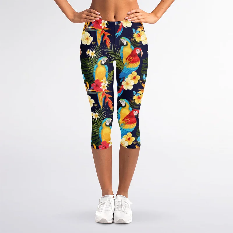 Deal Zone Parrot And Flower Pattern Print Women's Capri Leggings