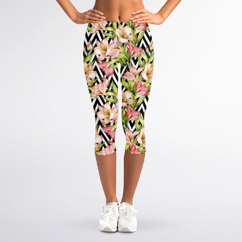 Markdown Madness Pastel Alstroemeria Zigzag Pattern Print Women's Capri Leggings