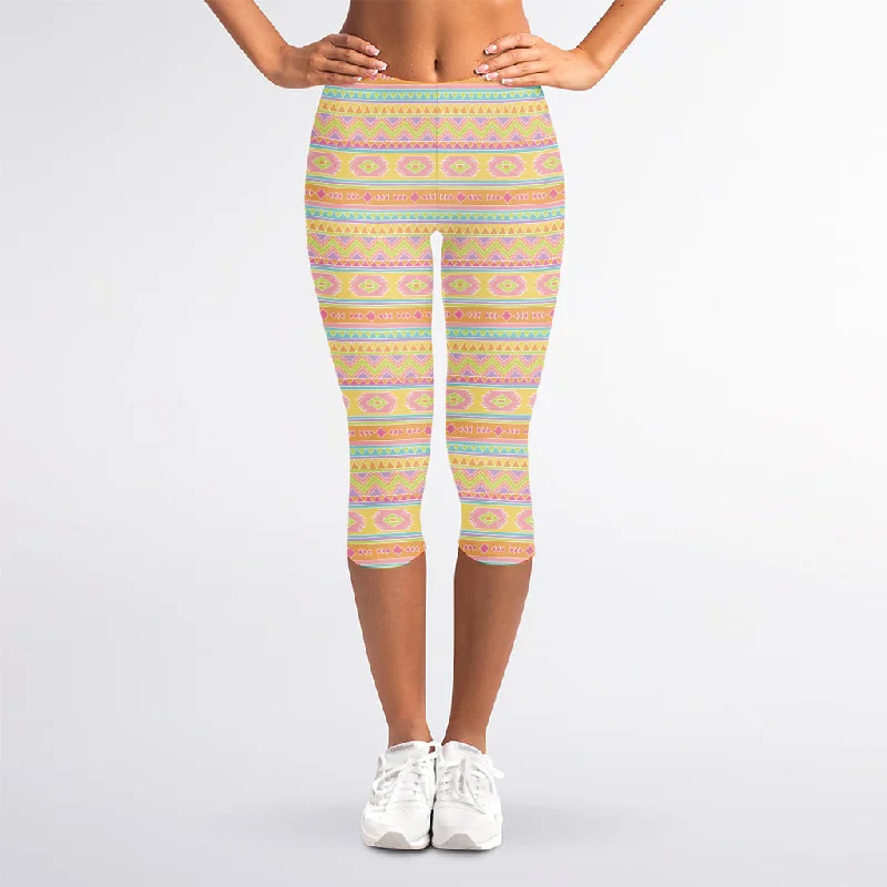 Exclusive Preview Pastel Aztec Tribal Pattern Print Women's Capri Leggings