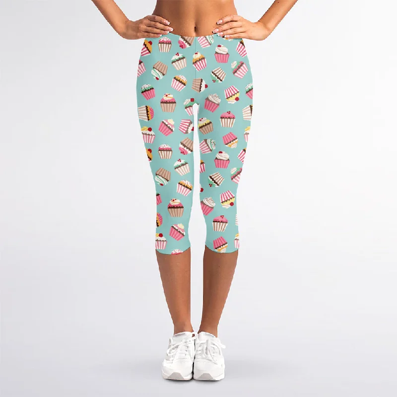 Weekend Flash Sale Pastel Cupcake Pattern Print Women's Capri Leggings