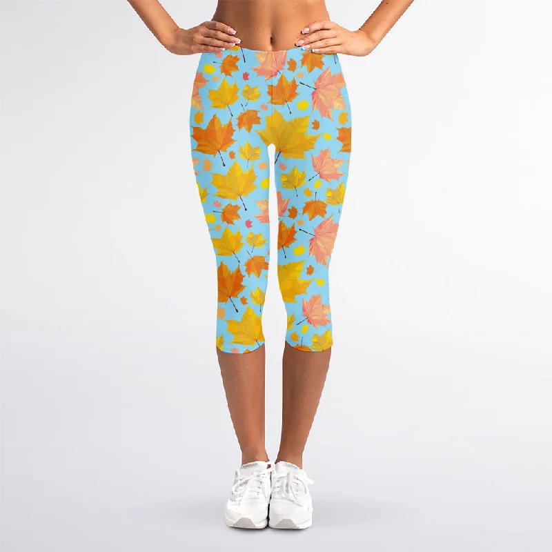 Members Only Pastel Maple Leaves Pattern Print Women's Capri Leggings