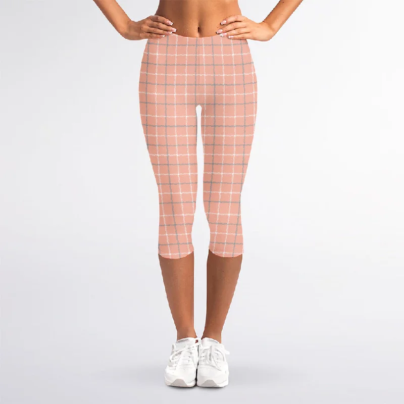 While Supplies Last Pastel Orange Tattersall Pattern Print Women's Capri Leggings