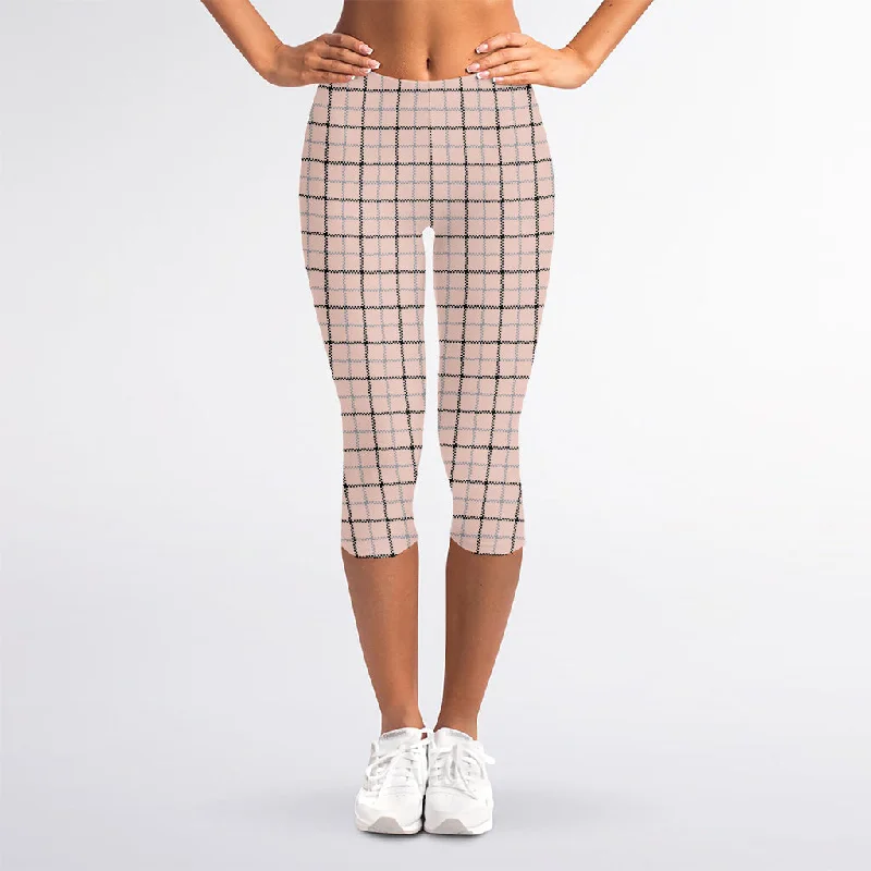 Seasonal Sale Pastel Pink And Black Tattersall Print Women's Capri Leggings