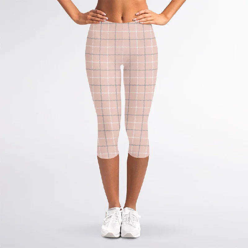 Exclusive Deal Pastel Pink Tattersall Pattern Print Women's Capri Leggings