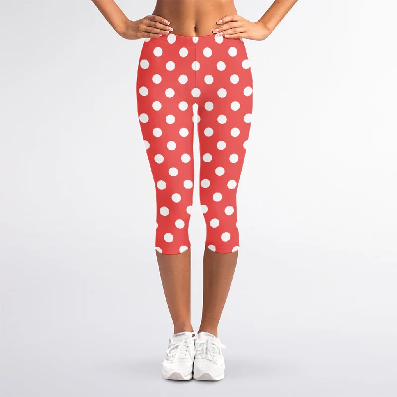 Today’s Deal Pastel Red And White Polka Dot Print Women's Capri Leggings