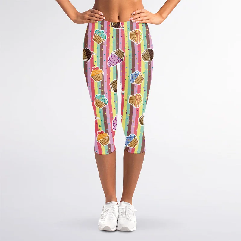 Online Only Pastel Striped Cupcake Pattern Print Women's Capri Leggings