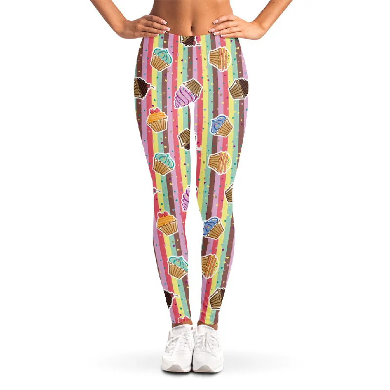 Extra Discounts Pastel Striped Cupcake Pattern Print Women's Leggings
