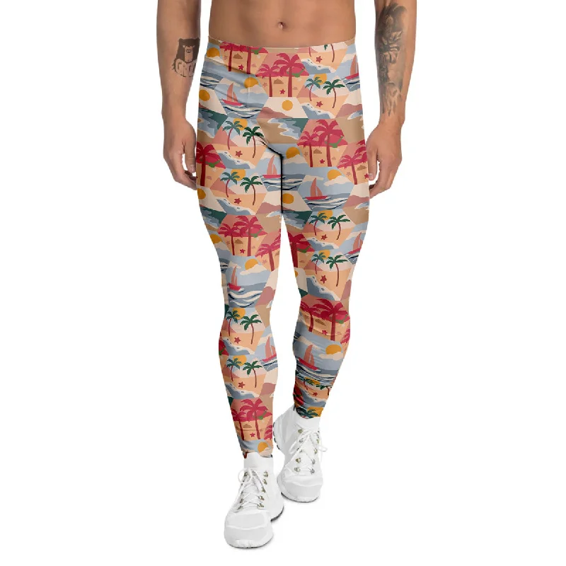 Year-End Sale Patchwork Beach And Sunset Sky Print Pattern Men's Leggings