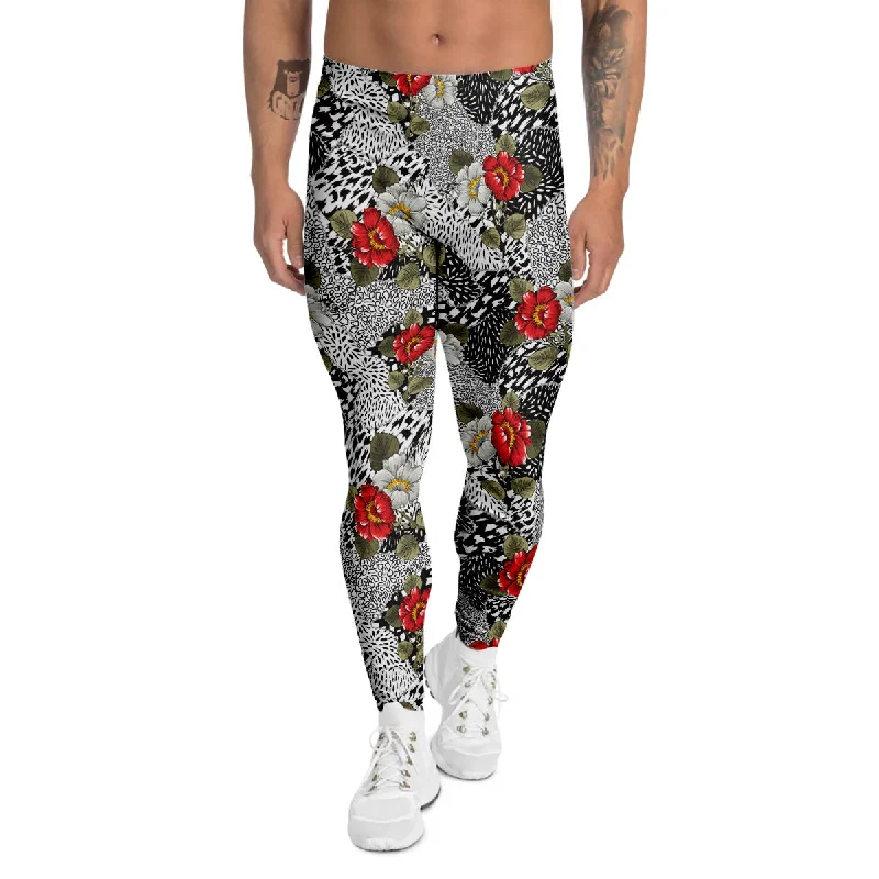 Time-Limited Offer Patchwork Black White And Floral Print Pattern Men's Leggings