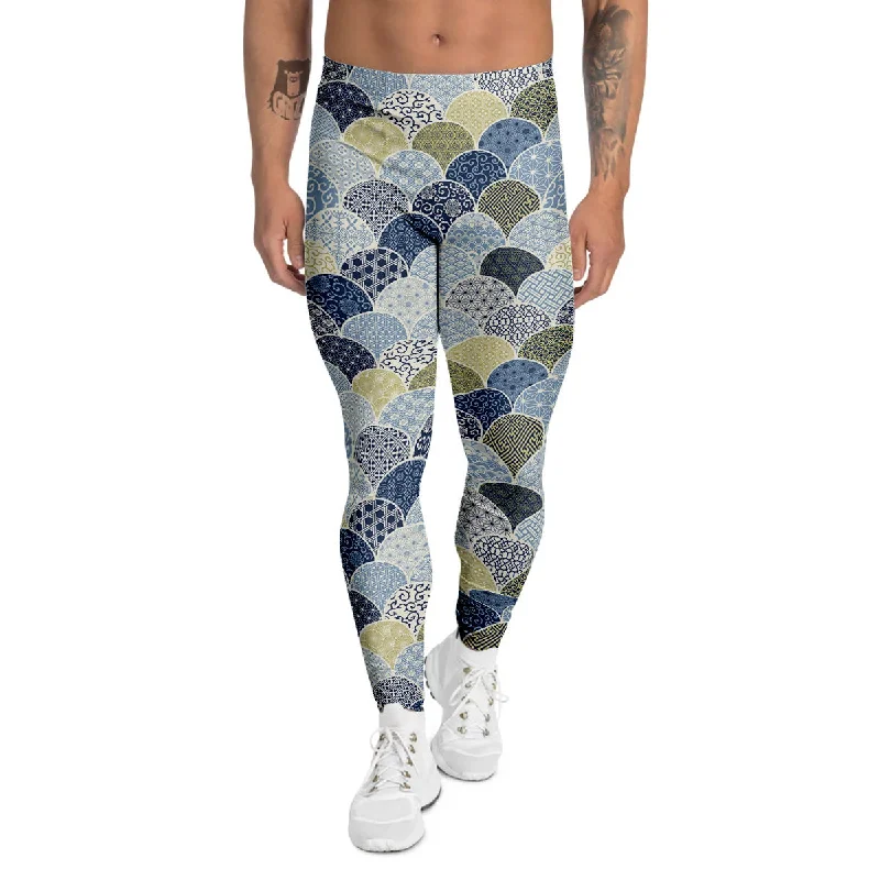 Super Deal Patchwork Blue Traditional Japanese Print Pattern Men's Leggings