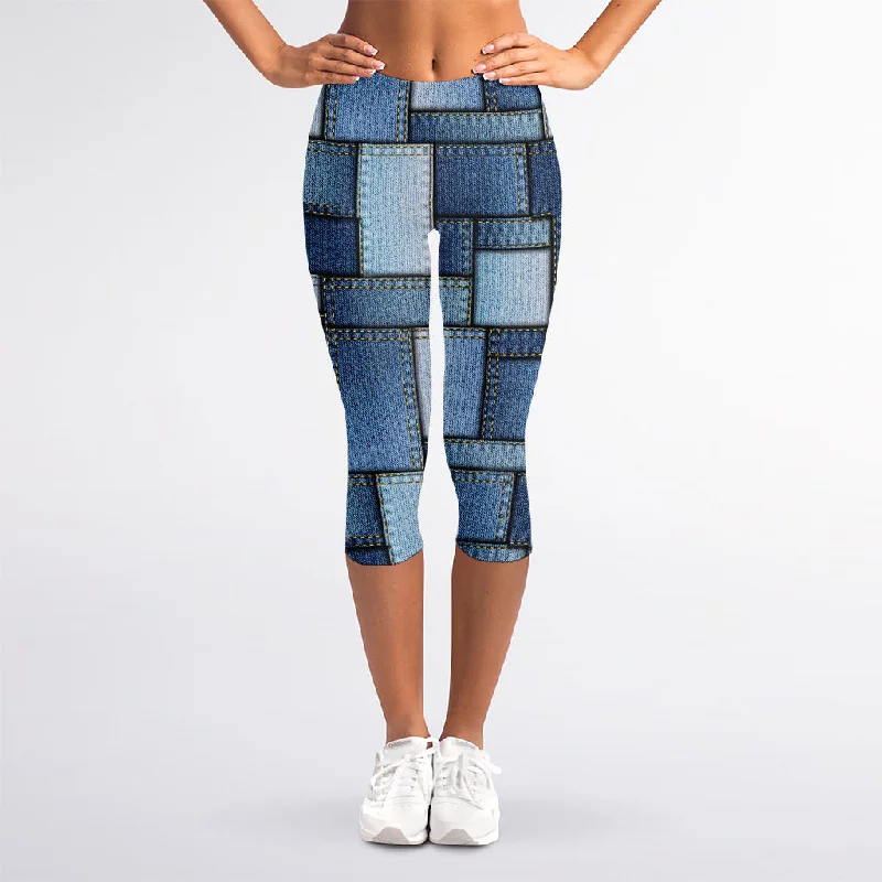Limited Availability Patchwork Denim Jeans Pattern Print Women's Capri Leggings