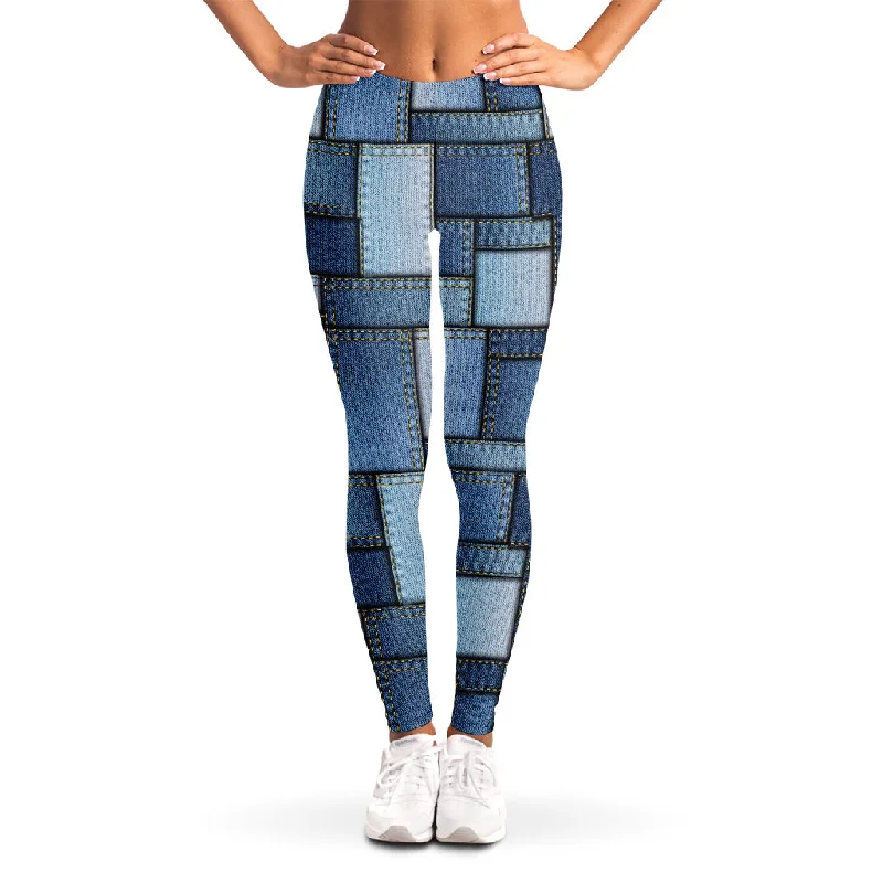 Can't Be Beat Patchwork Denim Jeans Pattern Print Women's Leggings