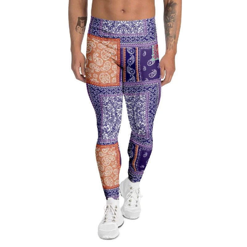 Overstock Patchwork Paisley Blue And Orange Print Pattern Men's Leggings
