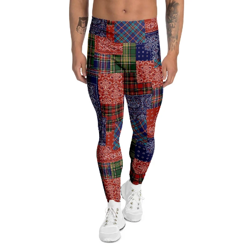 Great Deals Patchwork Tartan And Bandana Print Pattern Men's Leggings